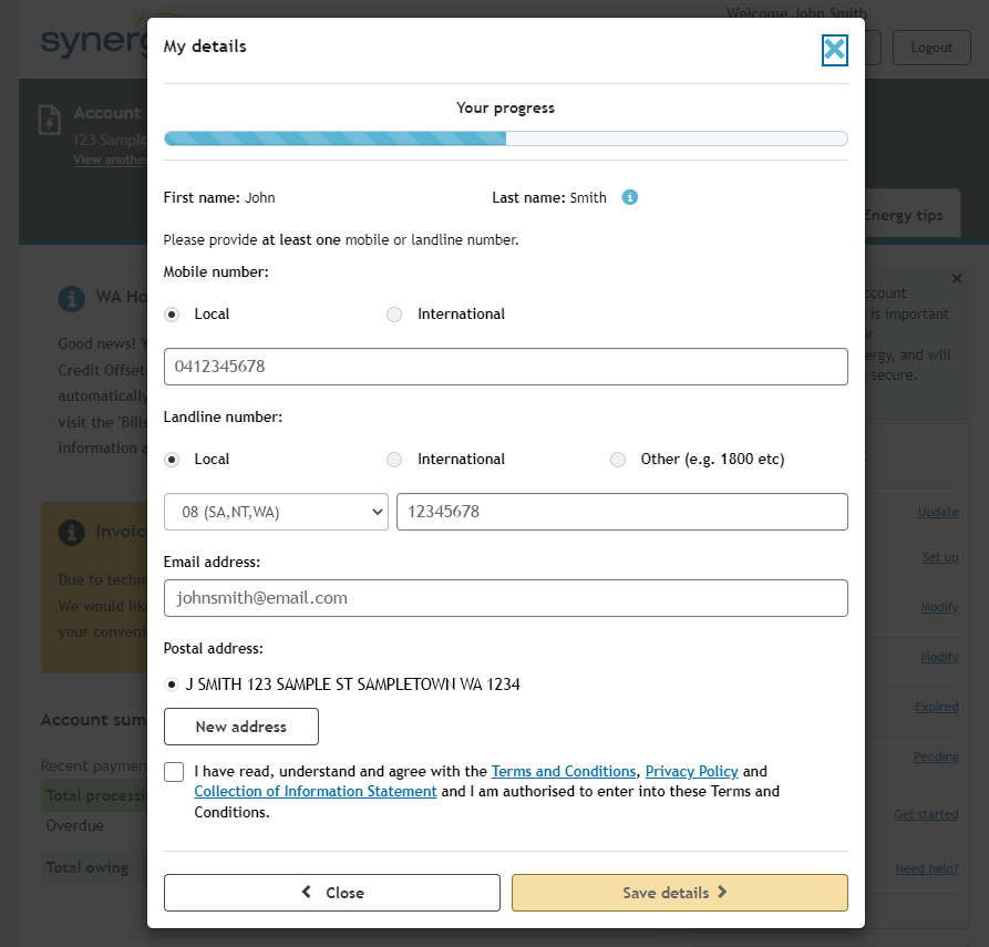 My details options in Synergy My Account