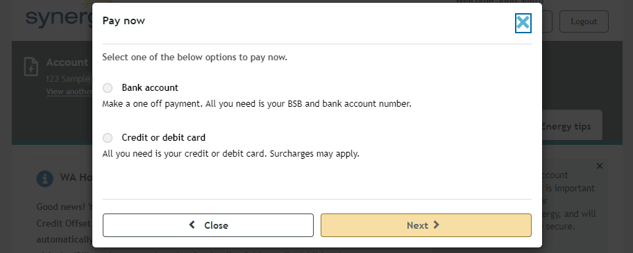 Pay now option in Synergy My Account