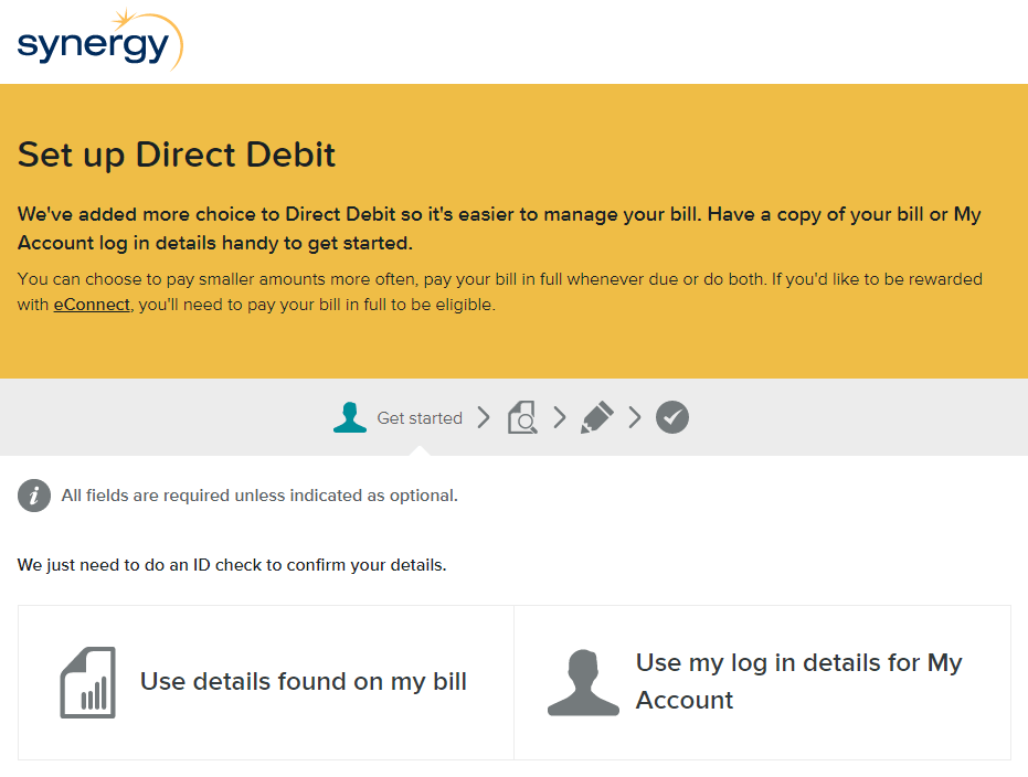 Direct Debit set up form in Synergy My Account