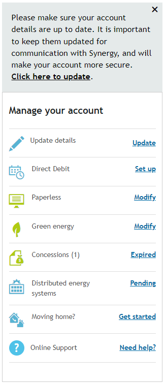 Manage your account options in Synergy My Account
