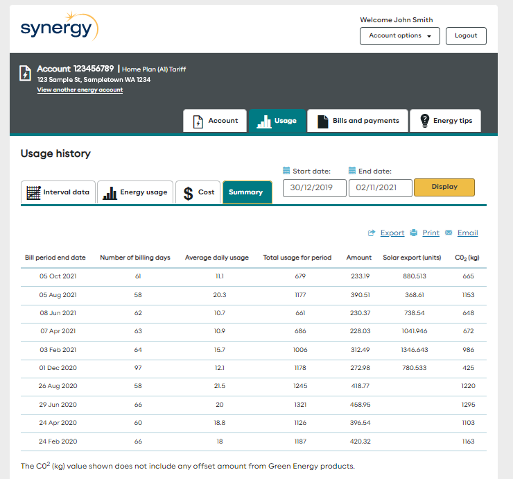 Account summary screen in Synergy My Account showing number of billing days, average daily usage, total usage and other information