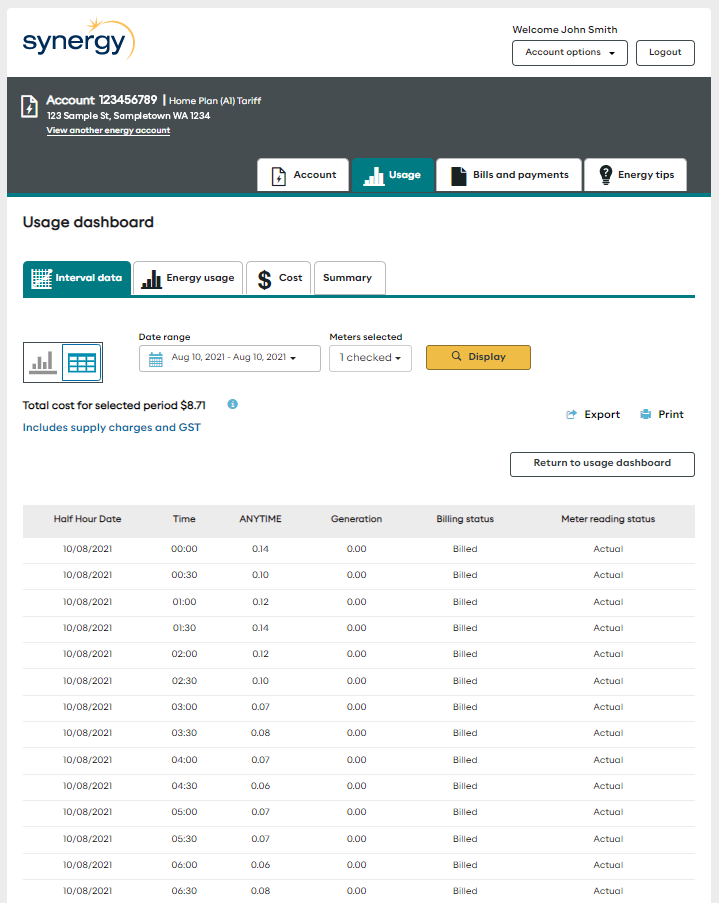 Interval data shown in a table in Synergy My Account