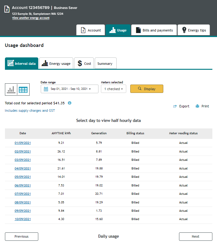 AMI data showing usage in Synergy My Account