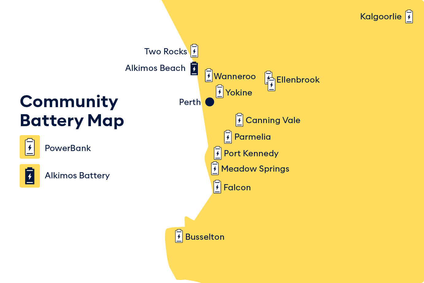 Community Battery Map showing the locations of all the community batteries in Perth, WA