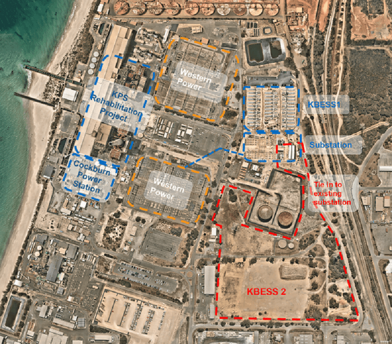 Aerial view of the Kwinana BESS site, with annotated markings showing KBESS1, KBESS2, the substation and other relevant assets on site