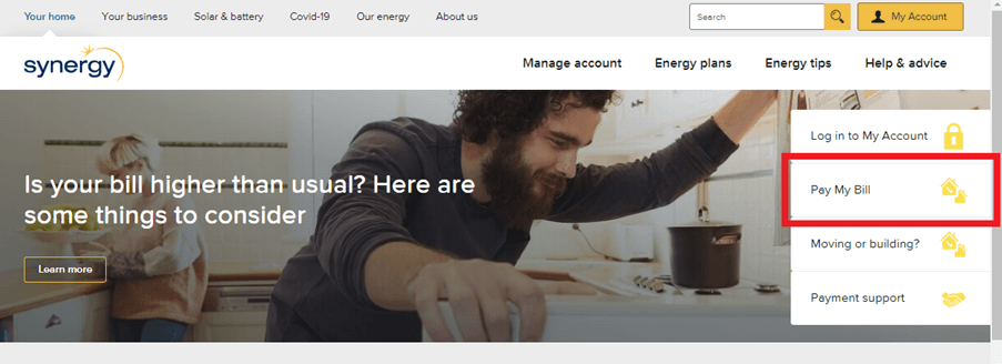Image showing pay my bill option on Synergy website homepage