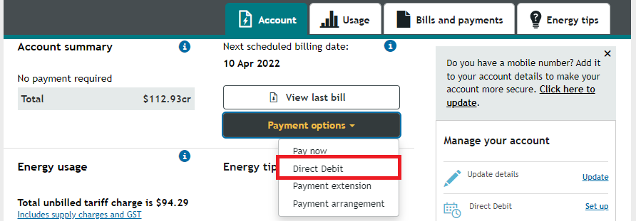 Image showing payment options dropdown in Synergy My Account